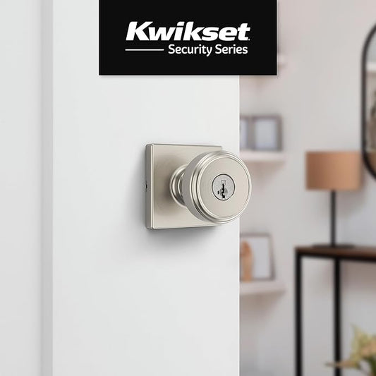 Kwikset Maven Entry Door Knob with Lock and Key, Secure Keyed Handle Exterior, Square Front Entrance and Bedroom, Satin Nickel, Pick Resistant SmartKey Rekey Security and Microban