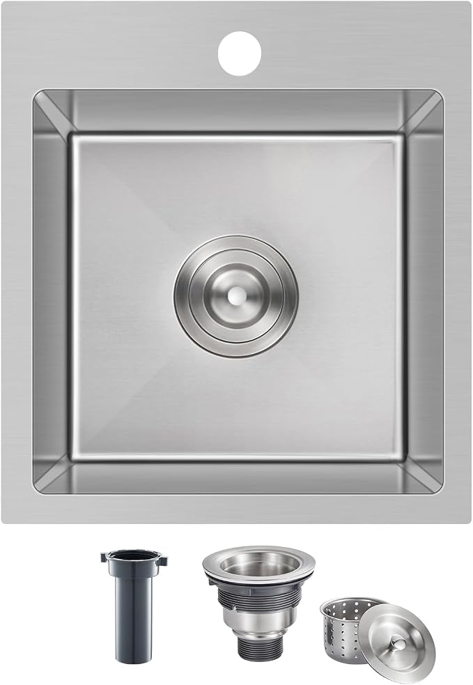 Brushed Topmount Kitchen Sink - 13”×15” Single Bowl Sink | 8 Inch Deep Handmade Bar Sink with Strainer, Stainless Steel 304, Center Drain, X-Groove Drainage, Sound-Dampening Pad