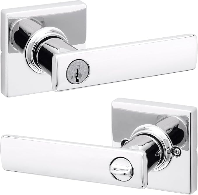 Kwikset Breton Entry Door Handle with Lock and Key, Secure Keyed Reversible Lever Exterior, Doorlock, For Front Entrance and Bedrooms, Polished Chrome , Pick Resistant Smartkey Rekey Security