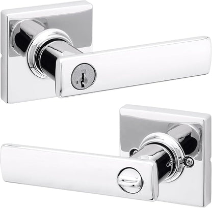 Kwikset Breton Entry Door Handle with Lock and Key, Secure Keyed Reversible Lever Exterior, Doorlock, For Front Entrance and Bedrooms, Polished Chrome , Pick Resistant Smartkey Rekey Security
