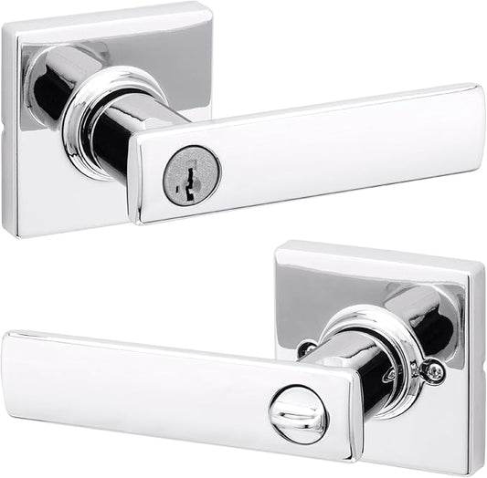 Kwikset Breton Entry Door Handle with Lock and Key, Secure Keyed Reversible Lever Exterior, Doorlock, For Front Entrance and Bedrooms, Polished Chrome , Pick Resistant Smartkey Rekey Security
