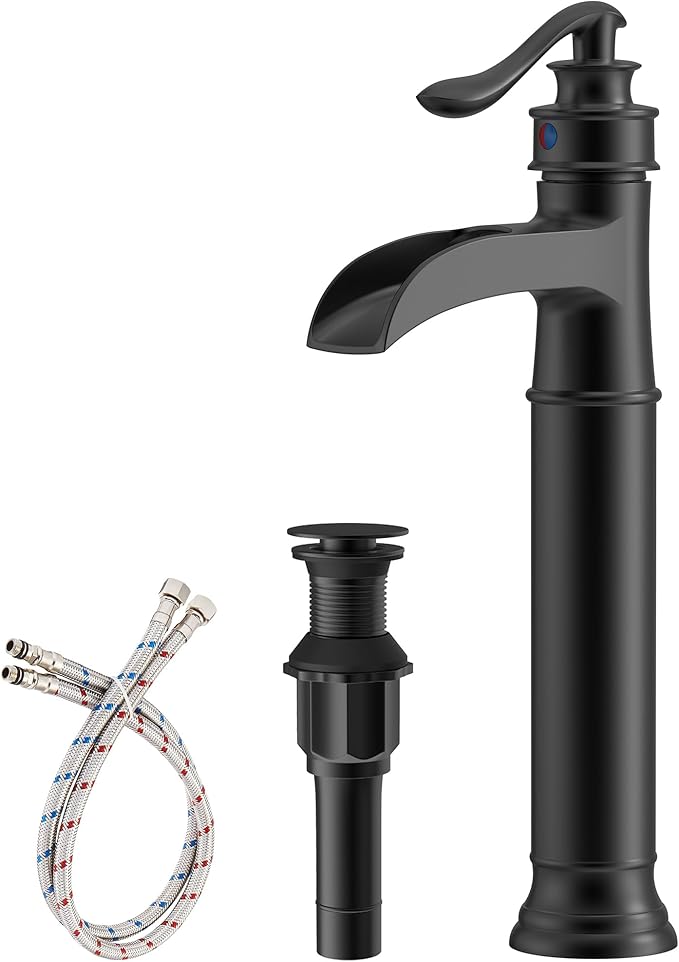 Matte Black Vessel Sink Faucets Waterfall Bathroom Faucet Single Handle | 1 Hole Brass for Lavatory Farmhouse with Pop Up Drain Mixer Tap Without Overflow Supply Line by Homevacious