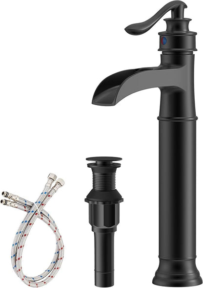 Matte Black Vessel Sink Faucets Waterfall Bathroom Faucet Single Handle | 1 Hole Brass for Lavatory Farmhouse with Pop Up Drain Mixer Tap Without Overflow Supply Line by Homevacious