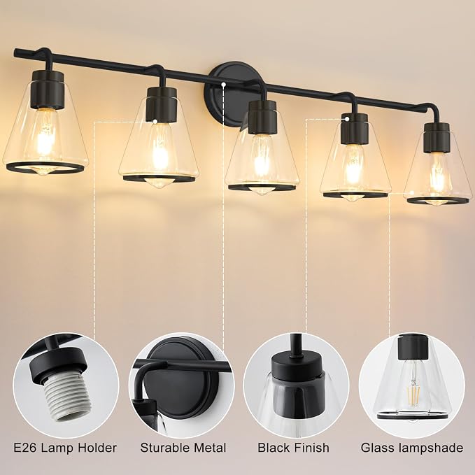 38.5" Black Bathroom Vanity Light, 5 Light Modern Vanity Lighting Fixture | Vanity Lights with Clear Glass Shade, Bathroom Wall Light Over Mirror, Wall Sconces for Bathroom Bedroom