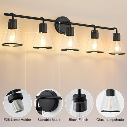 38.5" Black Bathroom Vanity Light, 5 Light Modern Vanity Lighting Fixture | Vanity Lights with Clear Glass Shade, Bathroom Wall Light Over Mirror, Wall Sconces for Bathroom Bedroom