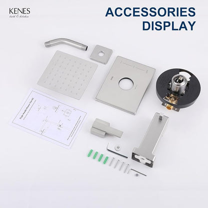KENES Shower Set with Tub Faucet, Brushed Nickel Tub and Shower Trim Kit | Shower Faucet with 6-Inch Rain Shower Head, Square Shower System, Valve Included, Lead-Free cUPC & NSF Certified, Stainless
