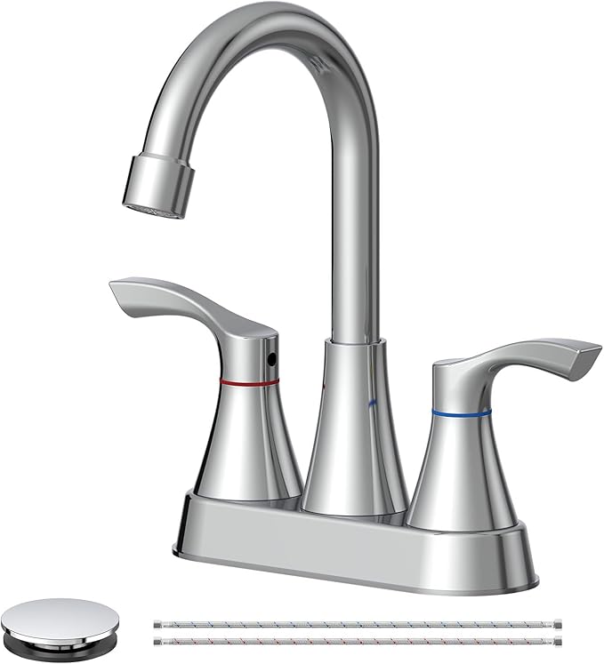 Chrome Bathroom Faucet 3 Hole 4 Inch Bathroom Sink Faucets | Stainless Steel 2 Handle Centerset Faucet for Bathroom Sink Vanity with Pop Up Drain and 4 Supply Hoses by Evolvegoods