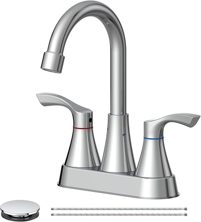 Chrome Bathroom Faucet 3 Hole 4 Inch Bathroom Sink Faucets | Stainless Steel 2 Handle Centerset Faucet for Bathroom Sink Vanity with Pop Up Drain and 4 Supply Hoses by Evolvegoods
