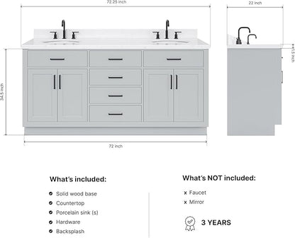 ARIEL Hepburn 72-inch Bathroom Vanity with Sink,Solid Wood, 1.5-inch Carrara White Quartz Countertop & Backsplash, Double Oval Porcelain Sink, 4 Soft Closing Doors, 6 Dovetail Drawers, Grey