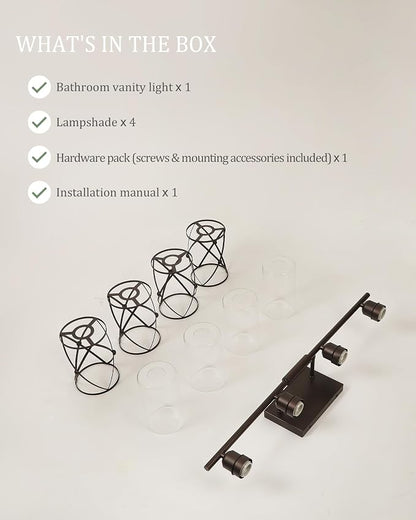 4-Light Oil Rubbed Bronze Bathroom Light Fixtures Over Mirror, 29" UL-Listed Modern Farmhouse Wall Sconce Lights with Clear Glass and Metal Cage for Bath, Hardwire E26, CH9176ORB-4W