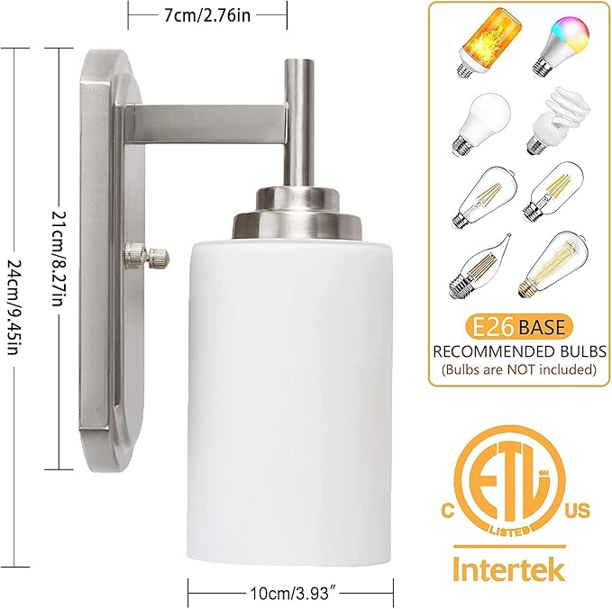 Modern Wall Sconce Set of 2, Satin Nickel Bathroom Vanity Lights | Bathroom Vanity Lighting Fixtures,White Frosted Glass Shade, For Entryway Over Mirror Living Room Bedroom