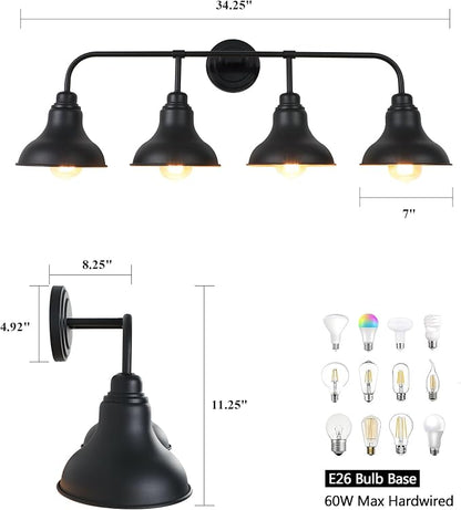 34.25-Inch 4-Light Matte Black Vanity Light for Bathroom Mirror | Farmhouse industrial style, matte black metal, 4 E26 base max 60W, no bulbs, wall lighting for bathroom mirror, hallway