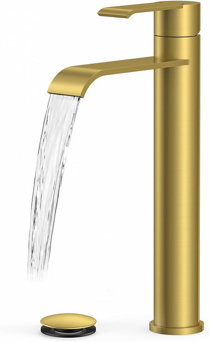 FORIOUS Brushed Gold Vessel Bathroom Faucet One Hole, Single Handle Waterfall Bathroom Vessel Sink Faucet Gold with Pop-up Drain and CUPC Hose for Rv, Lavatory, Corner Sinks