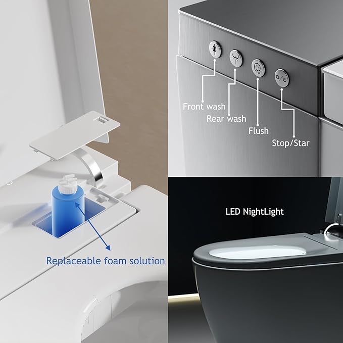 BONSAM Modern Smart Toilet for Seniors & Families, One Piece Tankless Bidet Toilet with Auto Open/Close Lid, Foam Shield, Heated Seat, Foot Kick Flush, Warm Water Wash, LED Night Light, Remote Control