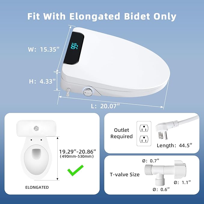 Heated Bidet Toilet Seat Elongated with LED Display & Remote Control - Smart Soft Close Toilet Seat Electric Bidet with Dryer, Warm Water, Feminine Wash, Self-Cleaning Nozzle, IPX4, White