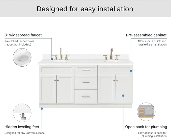 ARIEL Hamlet 72-inch Bathroom Vanity with Sink,Solid Wood, 1.5-inch Pure White Quartz Countertop & Backsplash, Double Oval Porcelain Sink, 4 Soft Closing Doors, 3 Dovetail Drawers, White