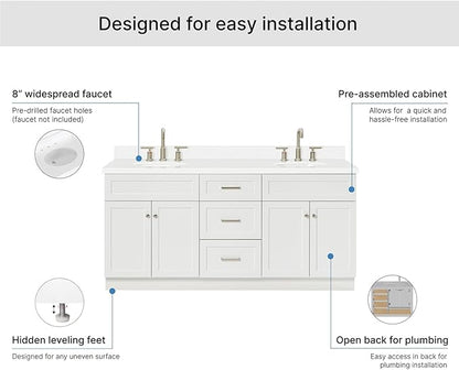 ARIEL Hamlet 72-inch Bathroom Vanity with Sink,Solid Wood, 1.5-inch Pure White Quartz Countertop & Backsplash, Double Oval Porcelain Sink, 4 Soft Closing Doors, 3 Dovetail Drawers, White