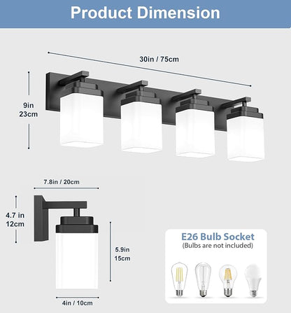 Matte Black Bathroom Light Fixtures, 4 Lights Bathroom Lighting Fixtures Over Mirror, Square Design & Rectangle Large Backplate, Modern Vanity Lighting Fixtures, for Living Room/Bedroom