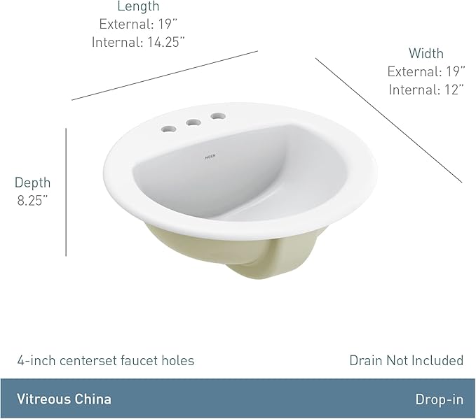 Moen White Vitreous China Drop-in Countertop Sink, 19 X 8.25 Inch Oval Bathroom Sink with a High Gloss Porcelain Finish for Vanity Countertop Placement, BGCW13OD1919