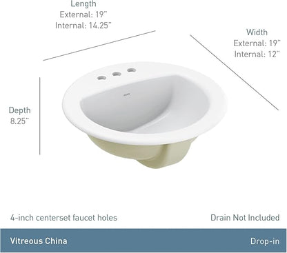 Moen White Vitreous China Drop-in Countertop Sink, 19 X 8.25 Inch Oval Bathroom Sink with a High Gloss Porcelain Finish for Vanity Countertop Placement, BGCW13OD1919