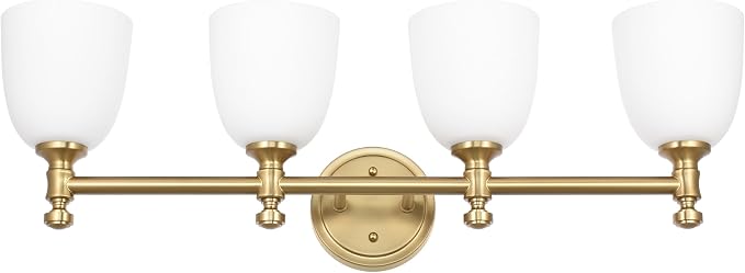 Gold Bathroom Vanity Light, 4-Light Bathroom Light Fixtures Over Mirror, Traditional Vanity Lights for Living Room, Milk White Bell Glass Shades, Standard E26 Base, Aged Brass