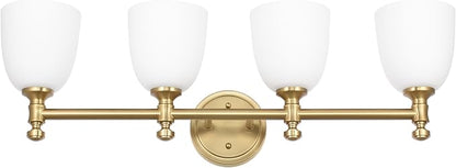 Gold Bathroom Vanity Light, 4-Light Bathroom Light Fixtures Over Mirror, Traditional Vanity Lights for Living Room, Milk White Bell Glass Shades, Standard E26 Base, Aged Brass