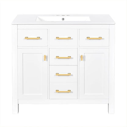 36 Inch White Bathroon Vanity with Sink,Modern Bathroom Sink Cabinet 36" with 4 Drawers & 2 Cabinets,Integrated Countertop,Gold Handles,Soft Closing,Solid Wood Frame