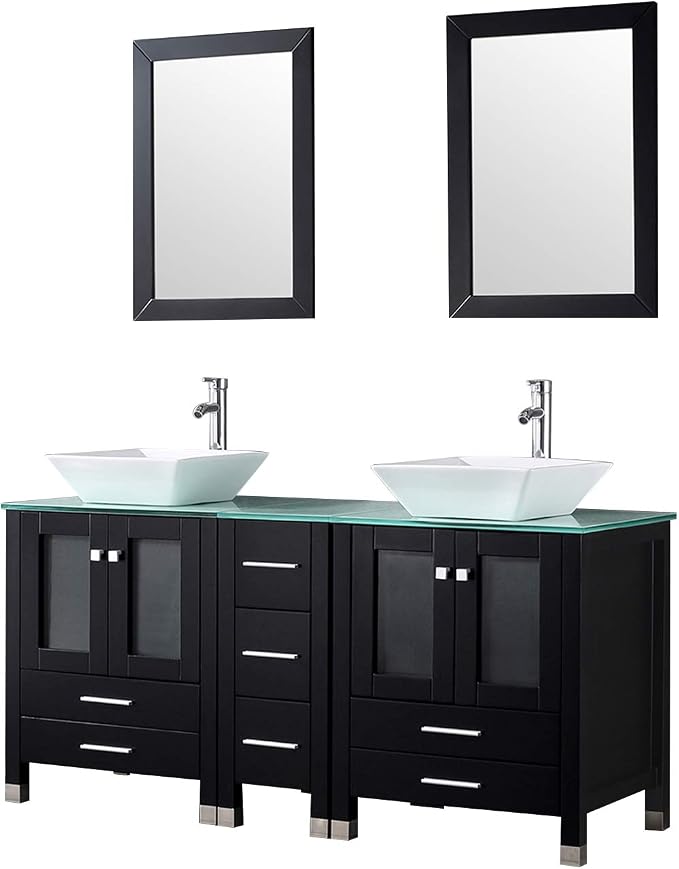 Black 60 Inch Bathroom Double Vanity Cabinet w/Mirror Top Glass and Countertop Double Ceramic Vessel Sink Combo