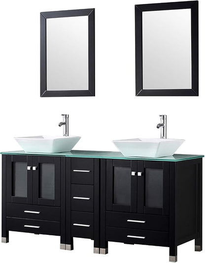 Black 60 Inch Bathroom Double Vanity Cabinet w/Mirror Top Glass and Countertop Double Ceramic Vessel Sink Combo