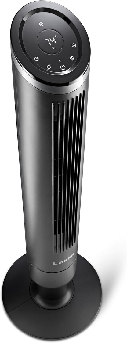 Lasko Apex Tower Fans Oscillating Quiet 42" - 29 ft/s Airflow, 28 dB, 90° Oscillation, 12H Timer, Air Filter for Hair & Dust, Remote, Black, Floor Fans for Home Bedroom, RST200