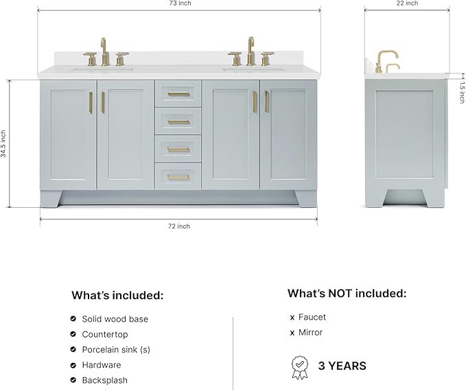 DKB Emilia 72 Inch Bathroom Vanity Double Sink — Grey Bathroom Vanity with Sink, 1.5" Edge Pure White Quartz Countertop & Backsplash, 4 Soft-Close Doors, and 6 Dovetail Drawers