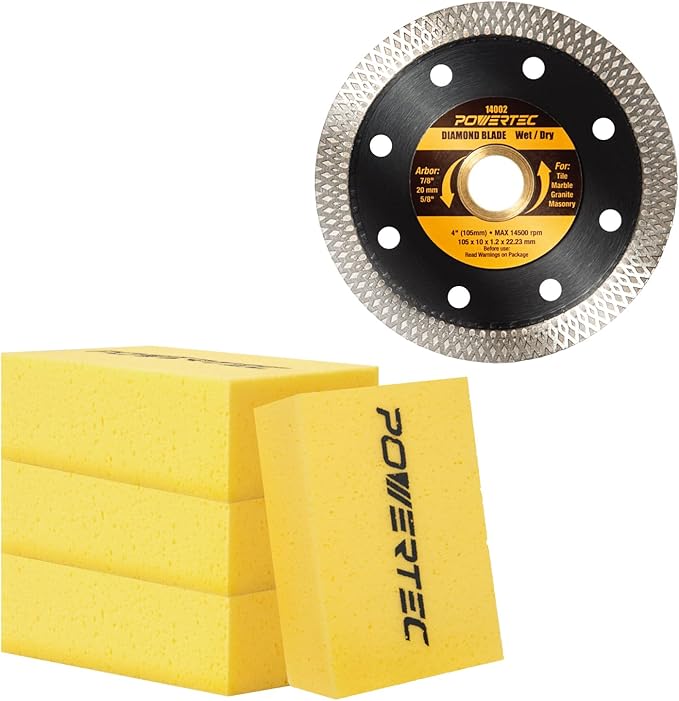 POWERTEC 14032 4 Inch Diamond Saw Blade for Handheld Tile Saw & Angle Grinder – 1pk Super Thin Turbo Mesh Rim Blade for Cutting Porcelain, Granite & Ceramic Tile, w/4pk Large Square Grout Sponge