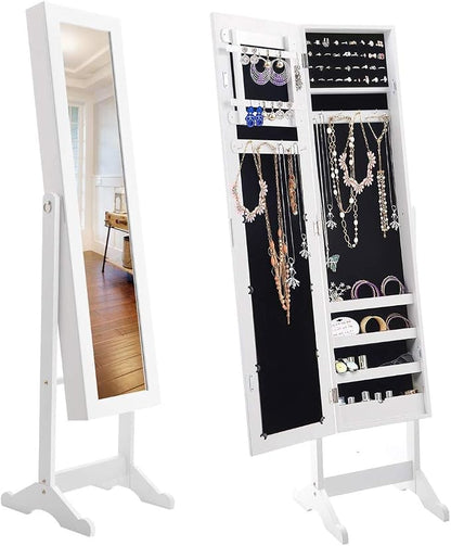 HOMGX Wood Standing Jewelry Cabinet, Jewelry Armoire with Mirror, Jewelry Organizer Storage (White)