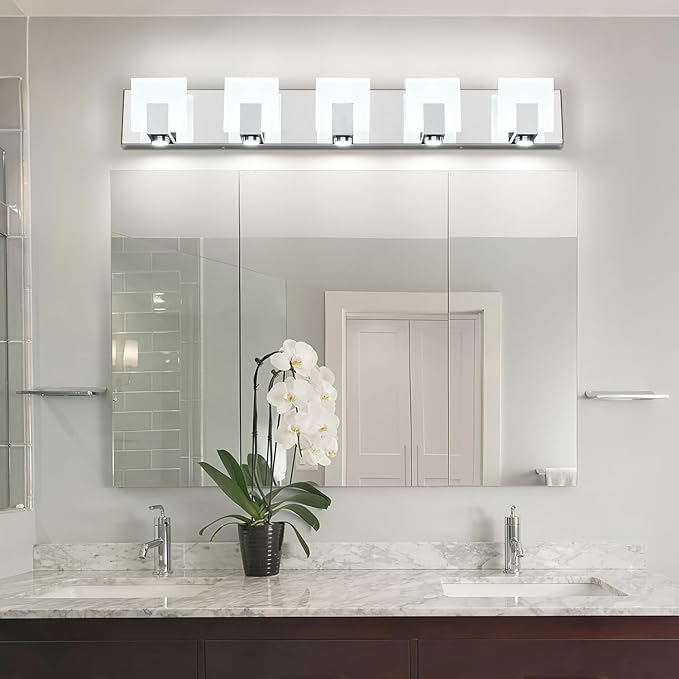 SOLFART Vanity Lights for Bathroom Dimmable Modern LED Chrome Bathroom Lighting Over Mirror 5 Light
