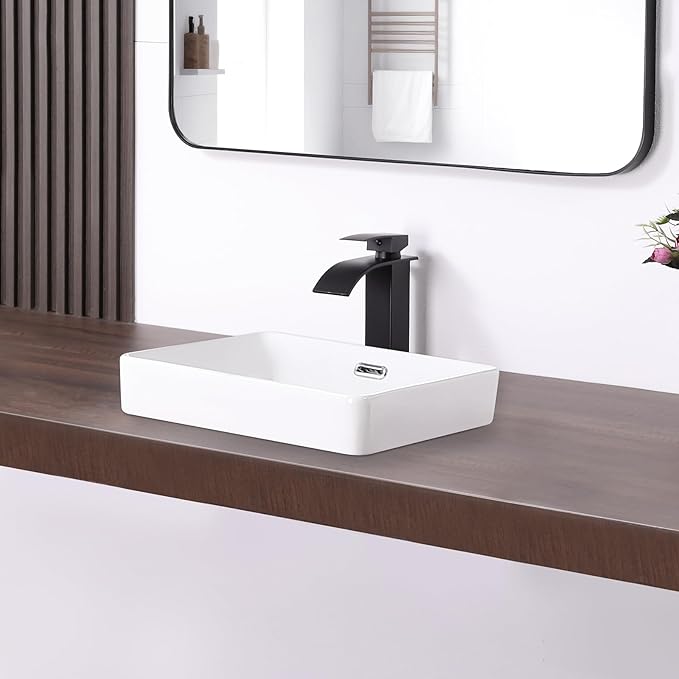 Small Bathroom Vessel Sink 15.5'' x 11.9'' Semi Recessed Bathroom Sink Rectangular Drop-in Vanity Sink with Overflow White Ceramic Modern Art Basin