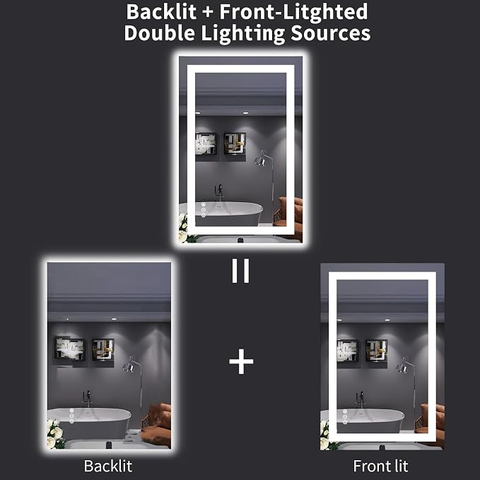 LOAAO 24"X36" LED Bathroom Mirror with Lights, UL Listed | Anti-Fog, Dimmable, 3 Color Temperature, Backlit + Front Lit, Memory Function, Tempered Glass