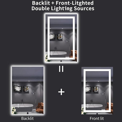 LOAAO 24"X36" LED Bathroom Mirror with Lights, UL Listed | Anti-Fog, Dimmable, 3 Color Temperature, Backlit + Front Lit, Memory Function, Tempered Glass