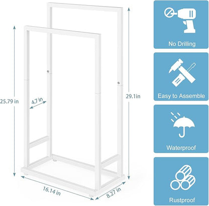 Towel Rack, 2 Tier Stainless Steel Towel Racks Stand for Bathroom, Hand Towel Drying Rack Holder, Towel Bar Stand Blanket Rack, White