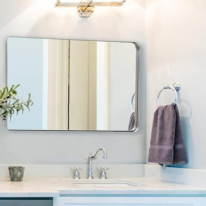 30"x48" Brushed Nickel Bathroom Mirror, Large Wall Mirror for Bathroom, Rounded Rectangle Mirror in Premium Stainless Steel Metal Frame Hangs Horizontal Or Vertical