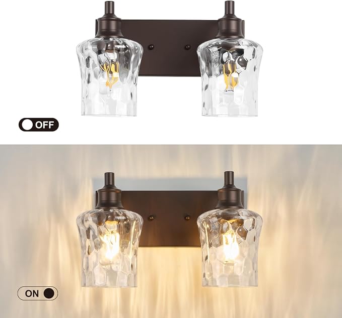Bathroom Light Fixtures Farmhouse Oil Rubbed Bronze Vanity Lights for Bathroom Lighting Fixtures Over Mirror with Hammered Glass Lampshade for Cabinet Mirror Bedroom Hallway 2 Light