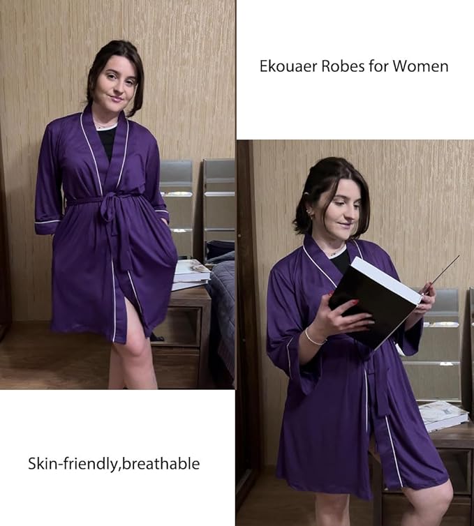Ekouaer Women Kimono Robes Knee Length Knit Bathrobe Lightweight Soft Sleepwear V-neck Casual Ladies Loungewear