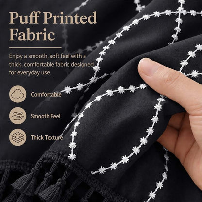 OVZME Black Shower Curtain for Bathroom, Puff Printed Textured Shower Curtain with Tassels, Rustic Geometry Heavy Duty Vintage Country Bathroom Curtain, Water Resistant Fabric, 72Wx72L Inches
