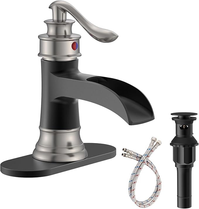 Bathroom Sink Faucet Waterfall Single Handle Matte Black and Brushed Nickel | Lavatory Vanity Basin Mixer Tap One Hole Lever Deck Mount Commercial Supply Line by Homevacious
