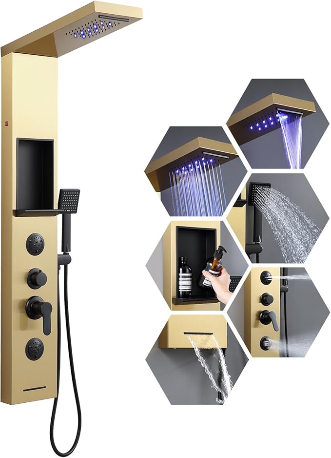 ROVATE LED Rainfall Waterfall Shower Panel Tower System with Shelf, Brushed Gold Shower Column Stainless Steel with Powerful Mist and Massage Body Jets, Handheld, Waterfall Tub Spout