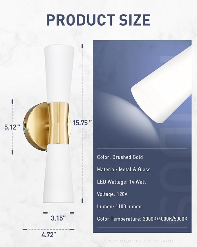kudos 16 Inch Brushed Gold Vanity Light, Milk White Glass, 3CCT, KDVL13-GD | LED, 14W, 1100 Lumens, 3000K, 4000K and 5000K Selectable, Hardwired,for Bathrooms and Bedrooms