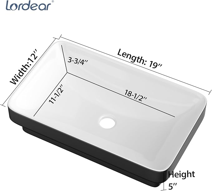 Lordear Vessel Sink Rectangle 19 Inch Bathroom Sinks 19"x12" Inch Semi Recessed Sink 5'' Deep Rectangular White Ceramic Modern Vanity Sink Bath Wash Above Counter Basin