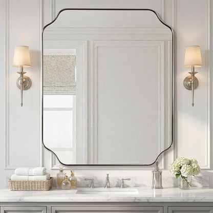 30x36 Inch Brushed Nickel Mirror, Silver Bathroom Mirror for Over Sink, Rounded Notched Corner Mirror in Anti-Rust Stainless Steel Metal Thin Frame, Wall Mount Vertically or Horizontally
