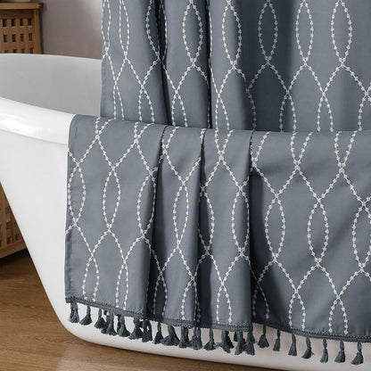 OVZME Dark Grey Stall Shower Curtain for Bathroom, Puff Printed Textured Shower Curtain with Tassels, Geometry Heavy Duty Vintage Country Narrow Bathroom Curtain, Water Resistant Fabric, 36Wx72L