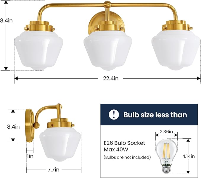 Bathroom Vanity Light Fixtures: 3-Lights Gold Vanity Lights Over Mirror, 17 Inch E26 60W Modern Bathroom Lighting Fixture with Milky White Glass for Bath Restroom
