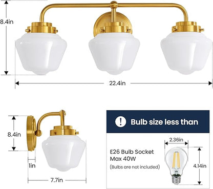 Bathroom Vanity Light Fixtures: 3-Lights Gold Vanity Lights Over Mirror, 17 Inch E26 60W Modern Bathroom Lighting Fixture with Milky White Glass for Bath Restroom